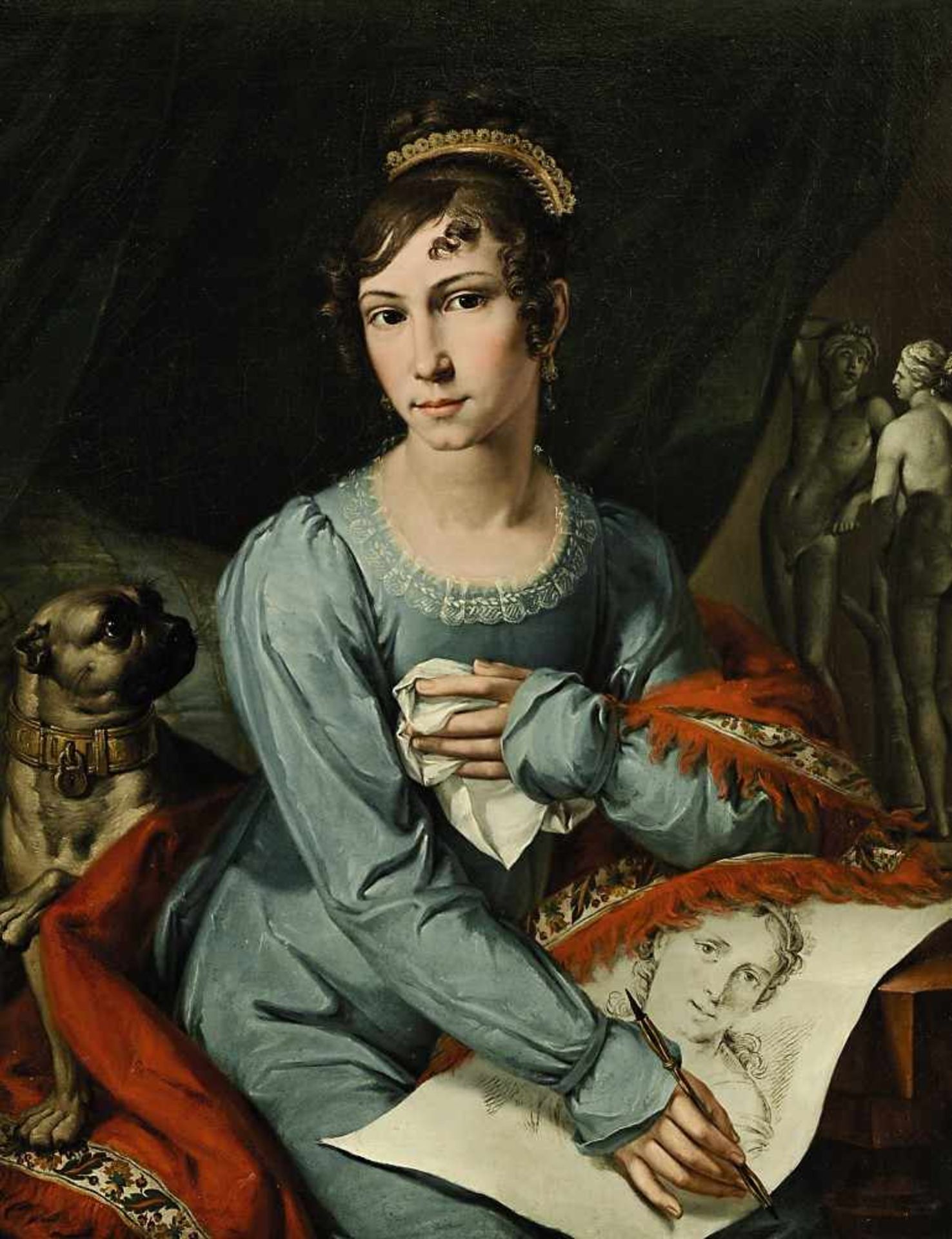 Unbekannt 1. Hälfte 19. Jh. Portrait einer jungen Dame mit Hund und Zeichenblatt Öl / Lwd. 77 x 60