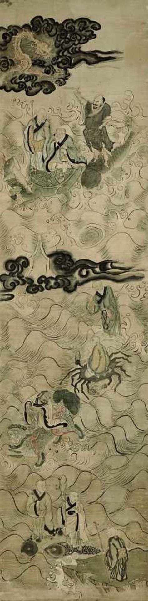 Zwei Rollbilder China, Qing Malerei auf Seide: 18 Luohan. Mehrere Sammlersiegel. Versch.