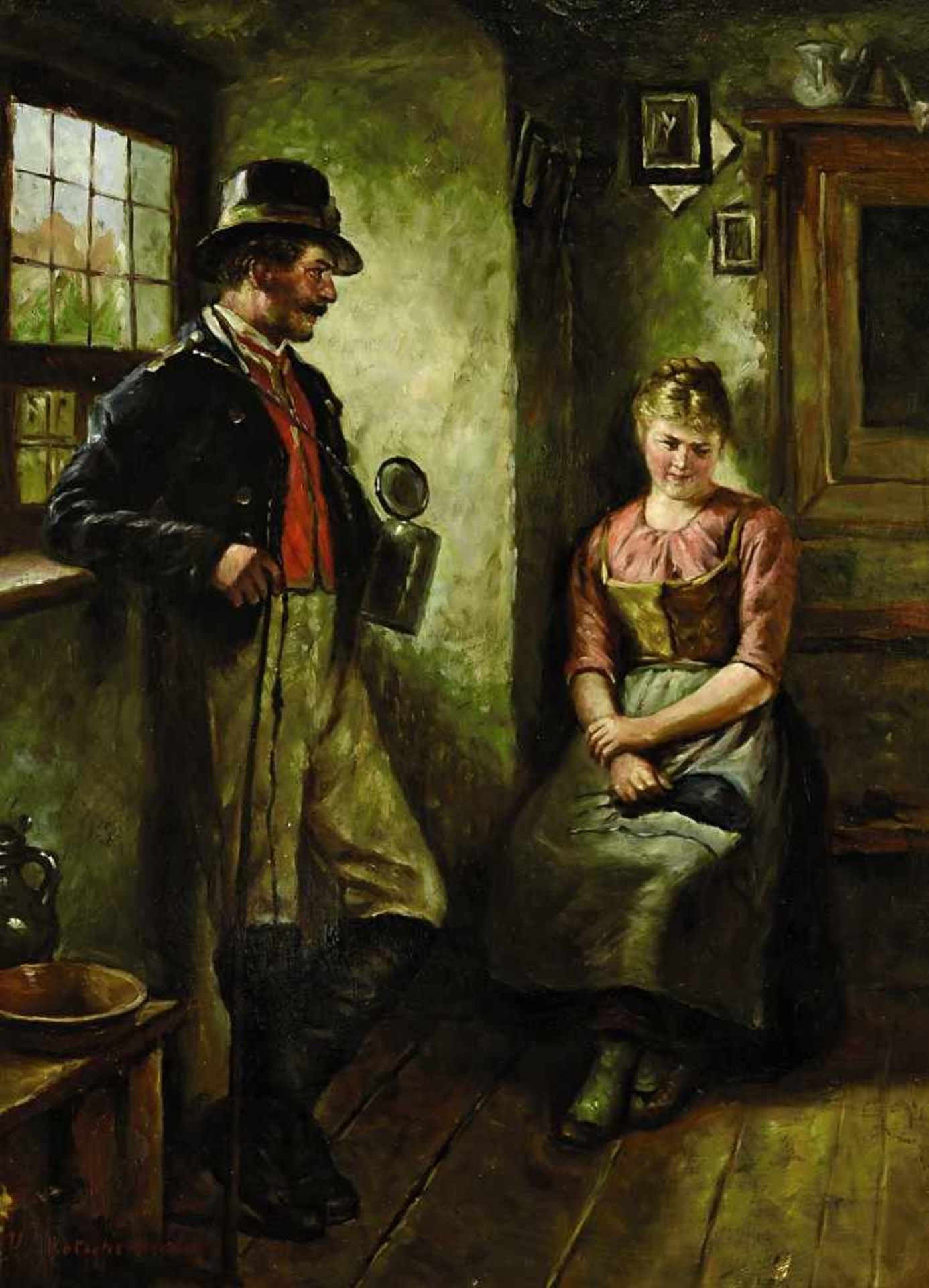 Kotschenreiter, G. Hugo 1854 Hof - 1908 München Dirndl und Bursch in der Stube Öl / Holz 40,5 x 29,5