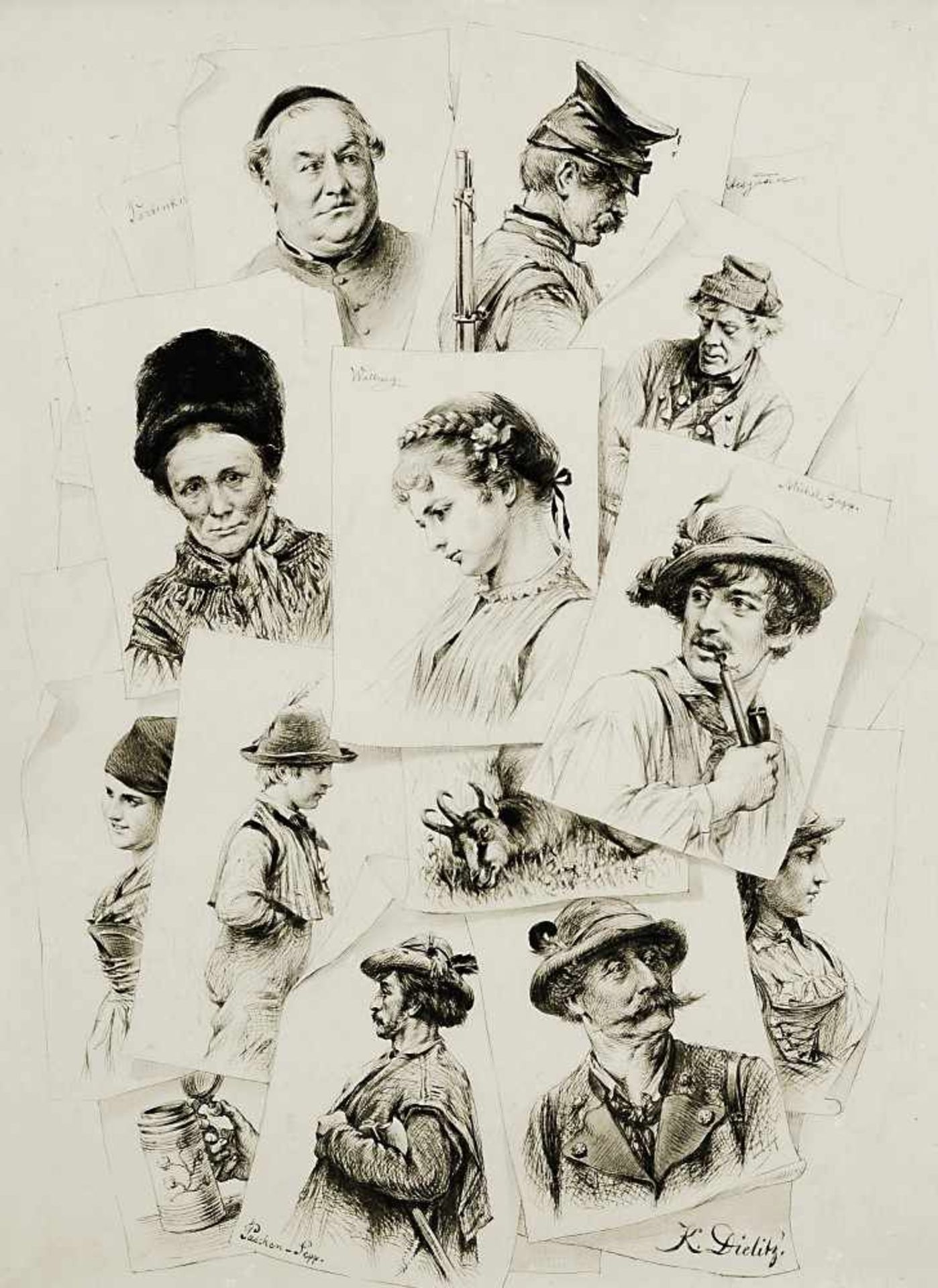 Dielitz, Konrad 1845 Berlin - 1933 ebd. Quodlibet mit Portraits Tuschfederzeichnung, tlw. laviert 46