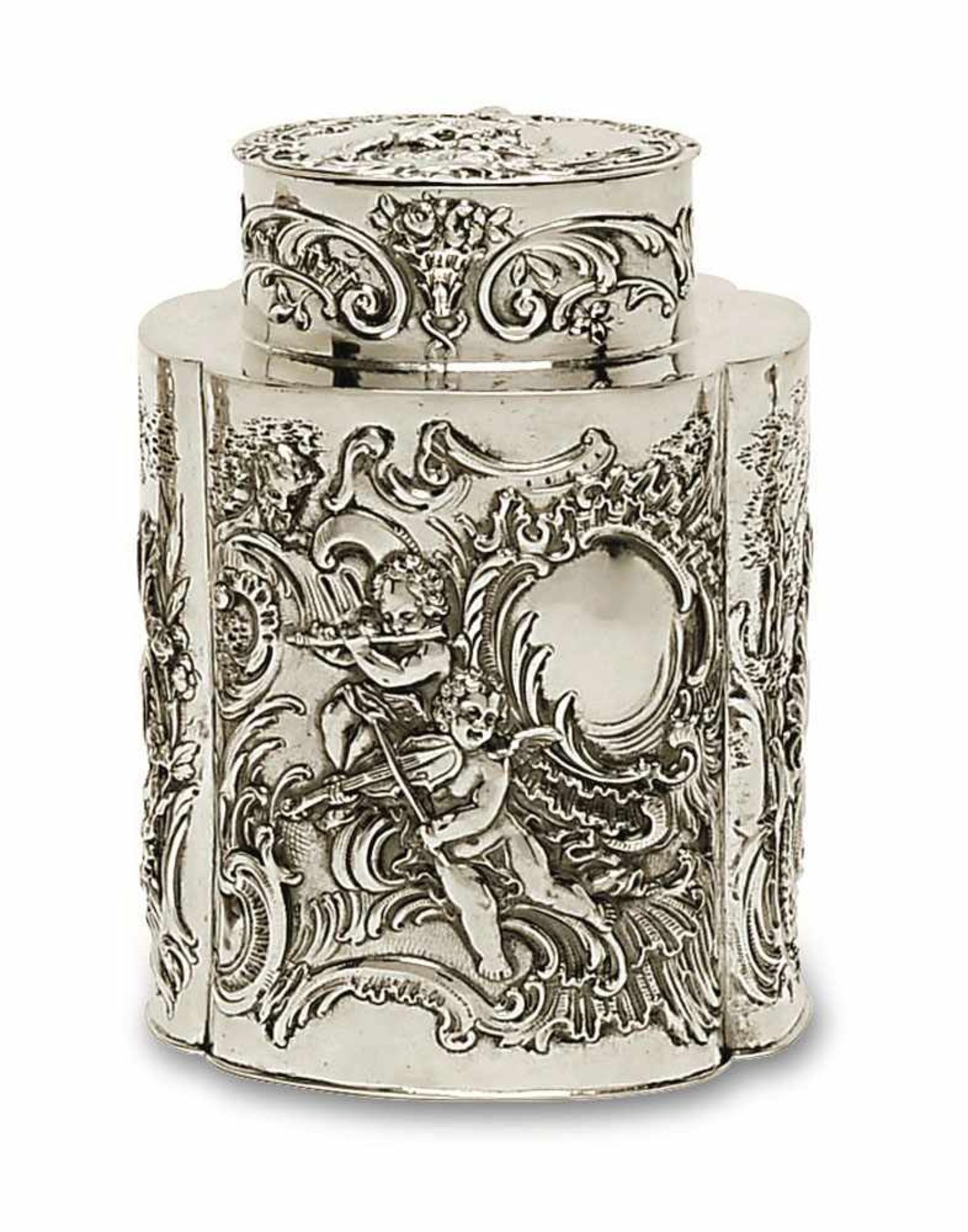 Teedose Barockstil Silber. Vierpassige, zylindrische Wandung mit reliefiertem, ziseliertem und