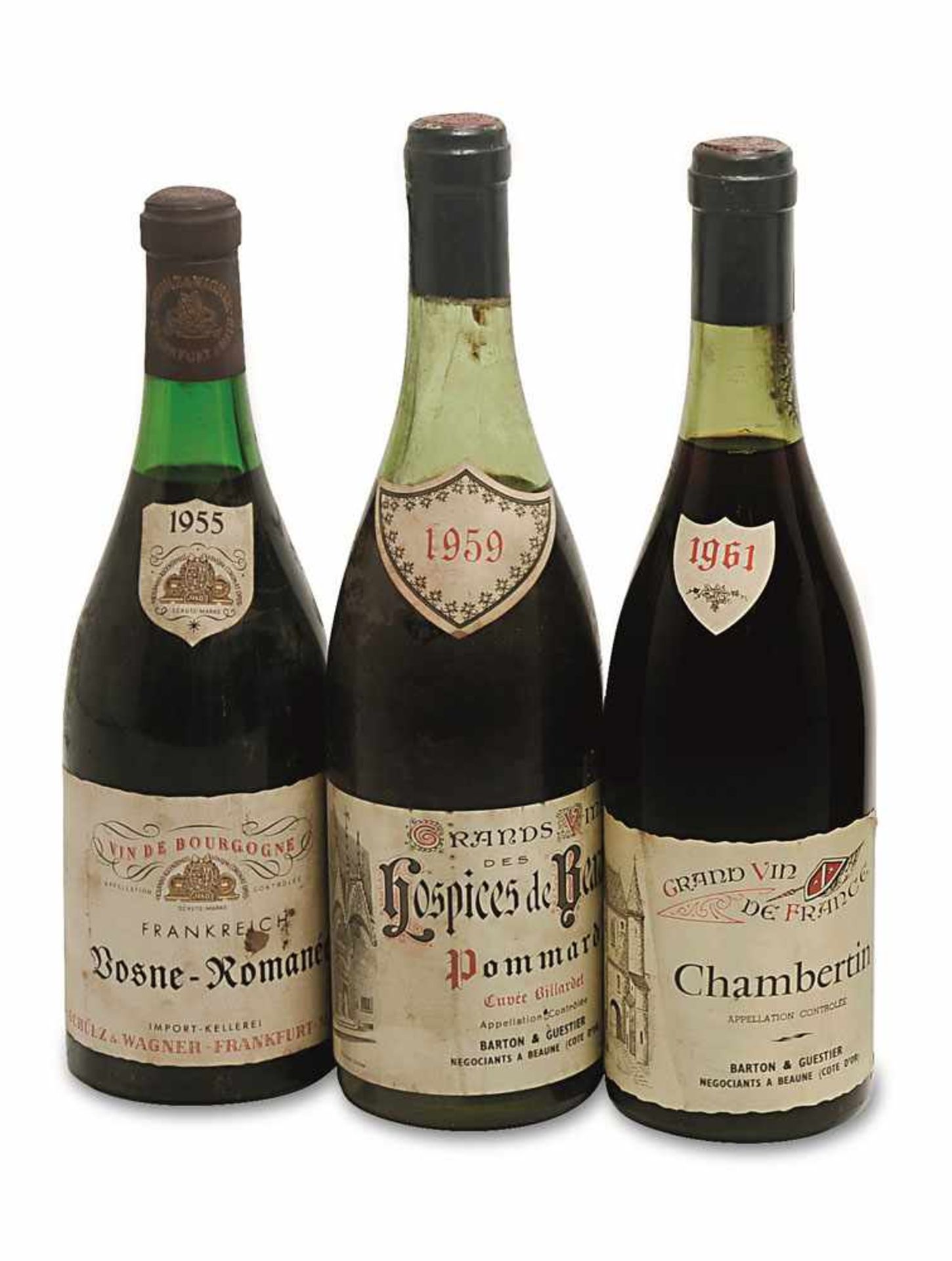 Sechs Flaschen Rotwein Burgund, Frankreich Zwei Flaschen: Vosne-Romanée, Jahrgang: 1955 Zwei