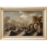 Schiffbruch bei stürmischer See vor felsiger Küste Niederländischer Marinemaler des 17. Jahrhunderts