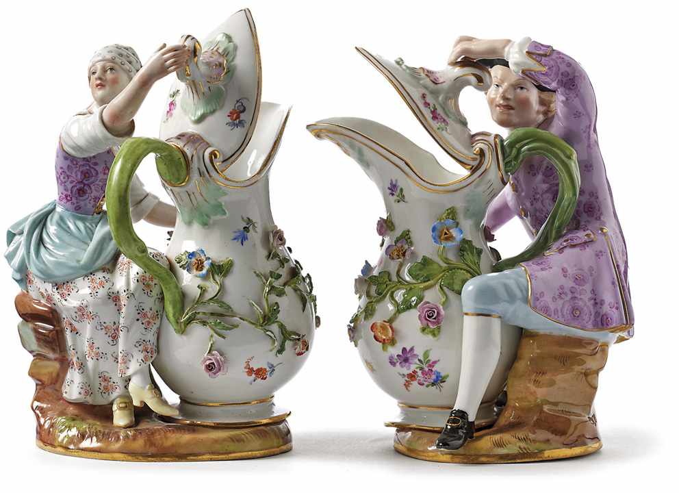 Essig- und Ölkannen-Set aus einer Plat-de-Ménage Meissen, 19. Jh. Figur einer Bäuerin und eines