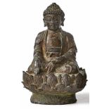 Sitzender Buddha China Auf Lotossockel, die Hände in Dhyana- und Bhumisparsa-Mudra (Versenkung und