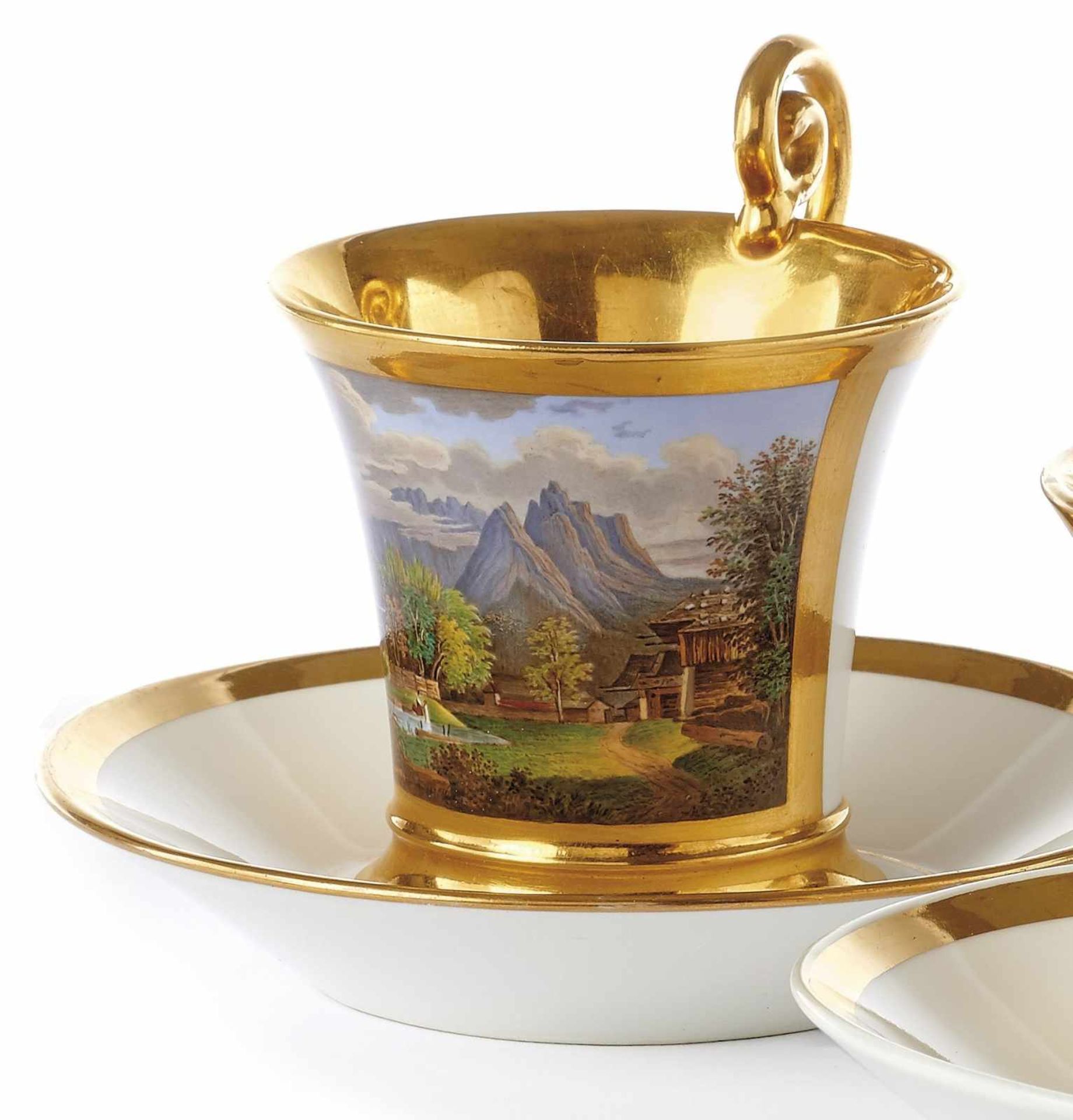 Ansichtentasse "Garmisch" mit Untertasse Nymphenburg, 2. V. 19. Jh. Konische Form auf abgesetztem