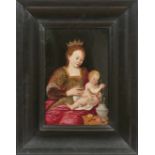 Niederländischer Meister um 1530 Madonna mit dem Jesusknaben und Blumenvase Vor schwarzem