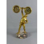 Figurenuhr mit Barometer Frankreich, um 1900 Auf rundem Marmorsockel stehende, vollplastische