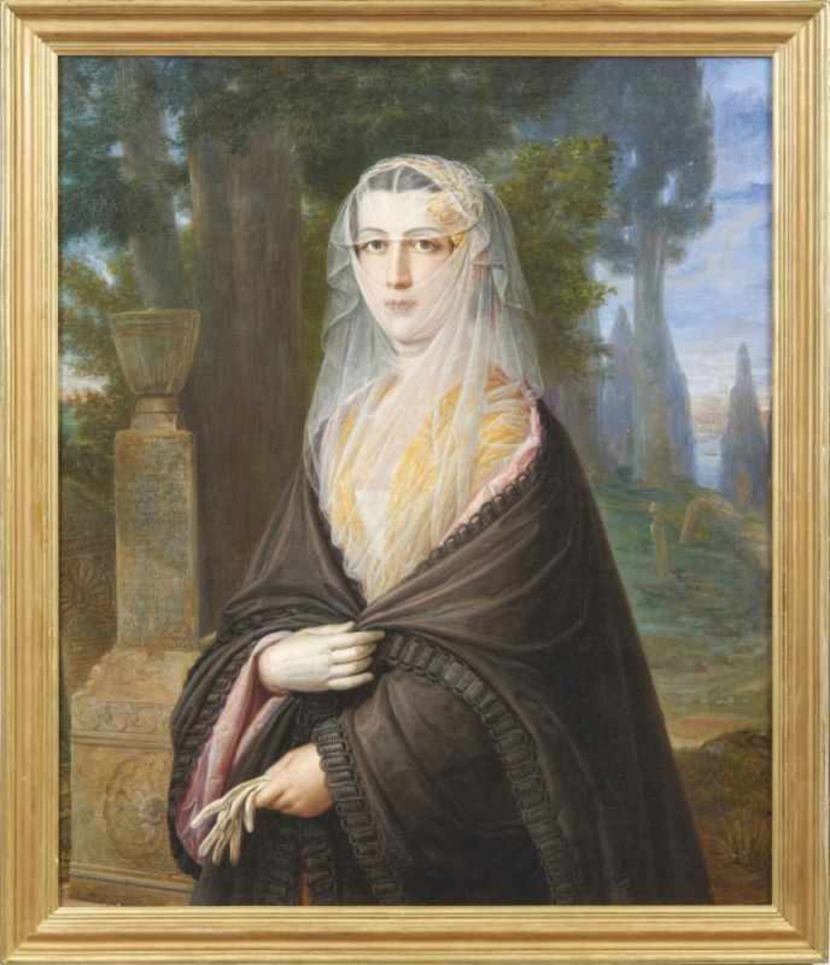 Luchini, Pietro Verschleierte, vornehme Dame in Parklandschaft (Bergamo 1800-1883 Bologna) Öl/