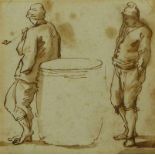 Figurenstudie mit zwei Bauern an einem Fass Italien, 18. Jh. Sepiaaquarell. 12 x 12 cm; unter Glas