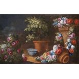Blumenstillleben Italien, 18. Jh. Blumenbuketts auf einem Tisch mit stehenden und liegenden