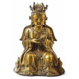 Sitzende Guanyin China Auf einem Doppellotosthron mit einem Spiegel in den Händen sitzend, das Haupt