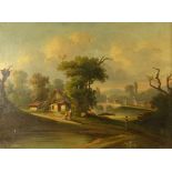 Spätromantiker des 19. Jahrhunderts Flusslandschaft mit Dorf an einer Brücke, Bauernkate und