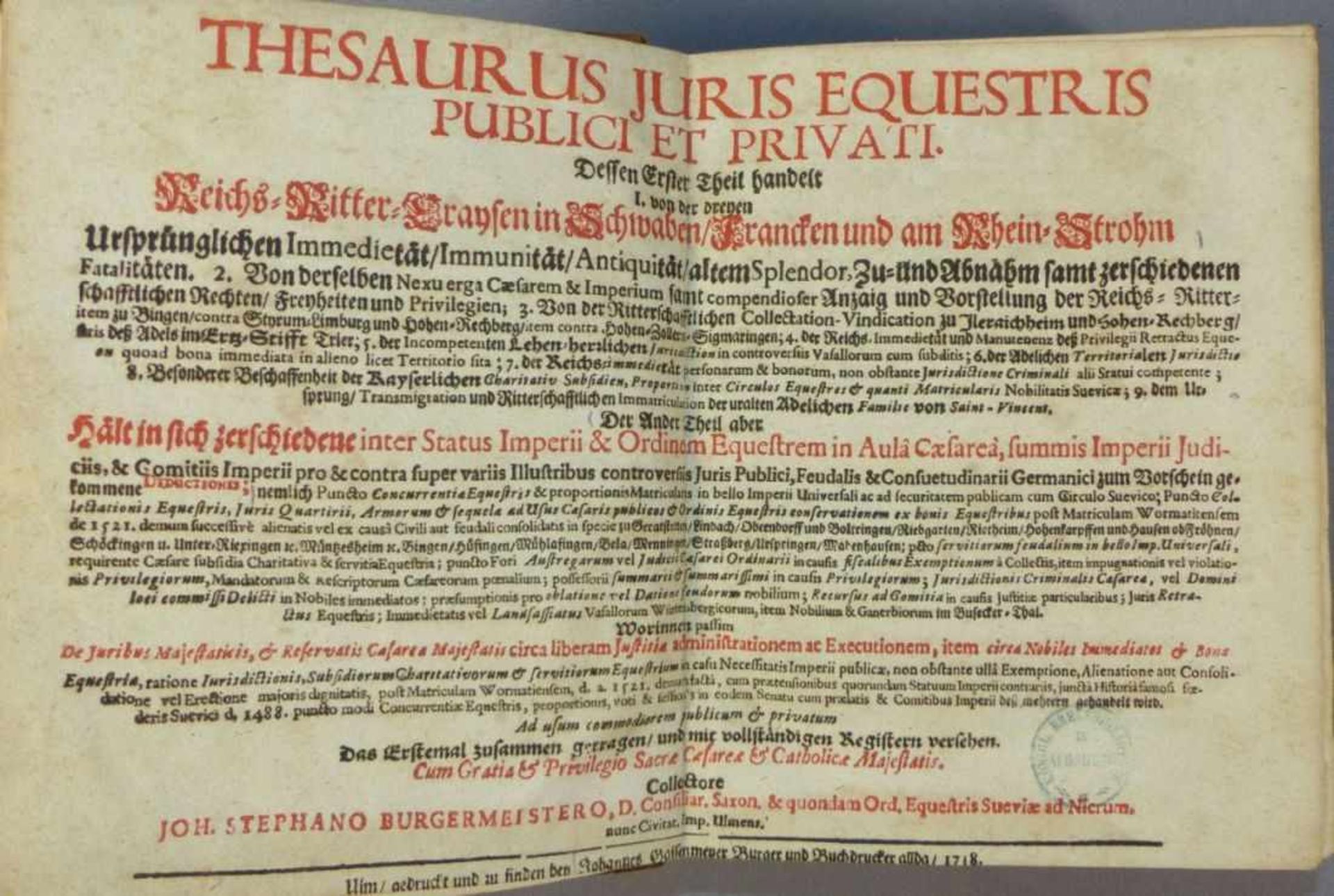 Burgermeister, Johann Stephan Thesaurus Juris Equestris Publici et Privati Dessen Erster Theil