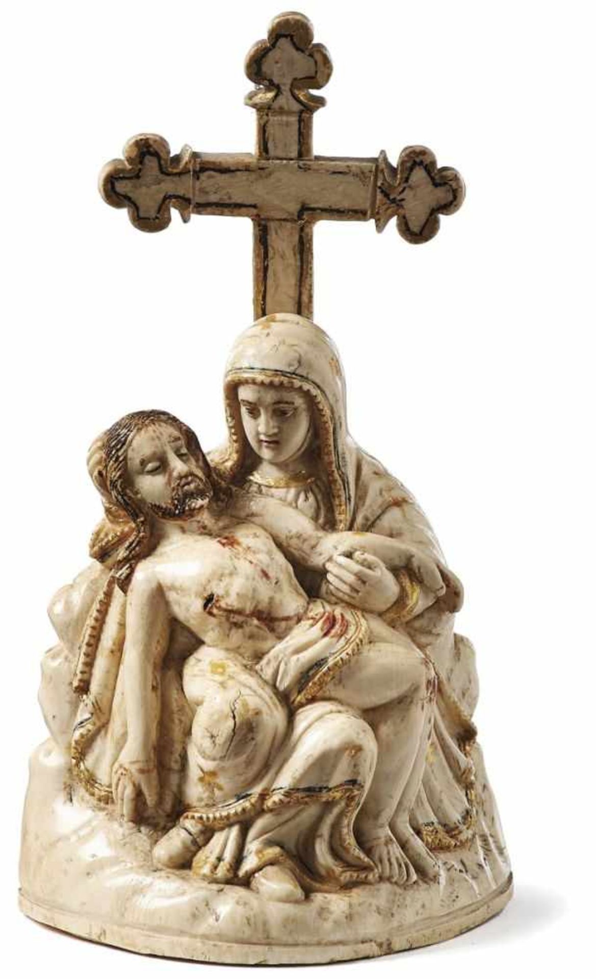 Pietà Portugiesisch-Goa, wohl um 1700 Auf Landschaftssockel vor einem Kreuz thronende Muttergottes