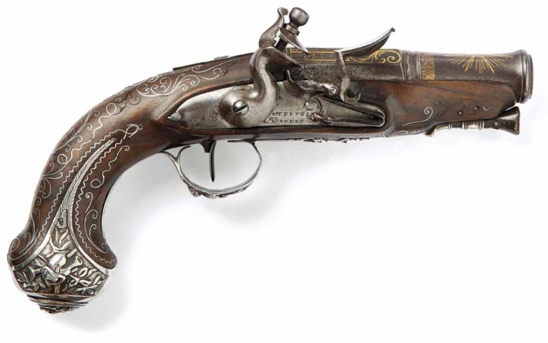 Silbermontierte Steinschloss-Taschenpistole Frankreich, um 1800 Nussholzvollschaft mit filigranen