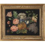 Blumenstillleben in "Pietra Dura"-Malerei 1. H. 19. Jh. Farbiges Blumenbouquet vor schwarzem