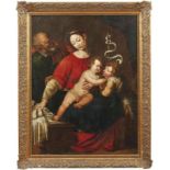 Die Heilige Familie mit dem Johannesknaben Bologneser Schule, 17. Jh. Öl/Lwd. 127 x 95 cm. -