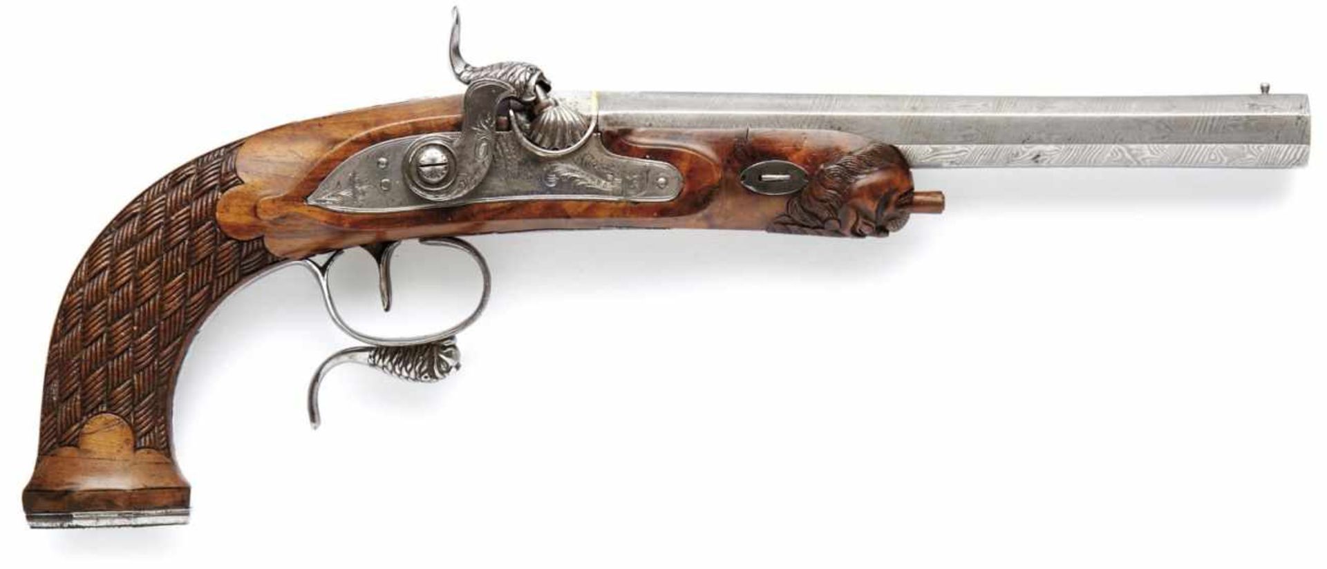 Ausgefallene Perkussionspistole Wohl England, um 1840 Nussholzhalbschaft, vorn ein plastischer