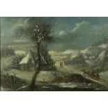 Winterlandschaft mit Pferdeschlitten und Personen 18. Jh. Öl/Lwd., doubl. 31,5 x 44 cm. -