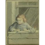Mit Wasserspritze spielender Knabe am Fenster Frankreich, um 1800 Aquarell. 20 x 15 cm; unter Glas