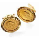 Paar Dukaten-Manschettenknöpfe Italien, 20. Jh. Runde Form, mittig eingefasste 1-Dukaten-Goldmünze