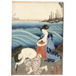 Utagawa Kunisada (Toyokuni III.) Triptychon mit badenden Frauen am Ufer (Katsushika 1786-1865 Edo)