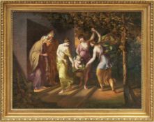 Drei Grazien bringen Amor in einem Korb zu einem alten Paar Klassizistischer Maler, um 1800 Öl/