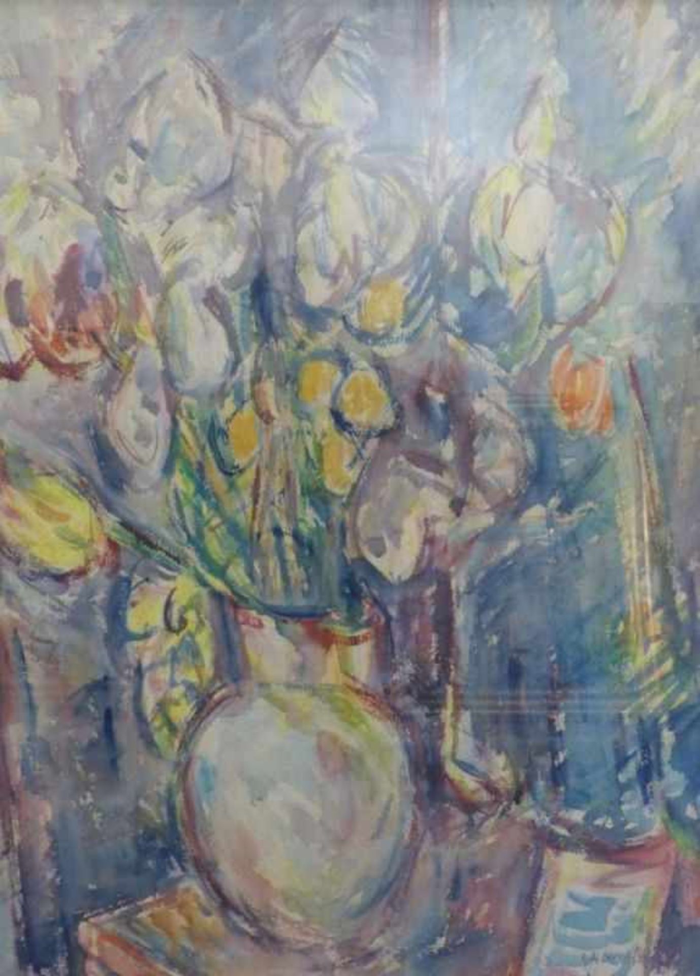 Stilllebenmaler des 20. Jahrhunderts Tulpen in einer Vase Aquarell/Karton. Rechts unten sign. und