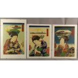 Kunisada, Utagawa und Utagawa Hiroshige Drei Schönheiten vor Landschaften in Fächerkartusche (