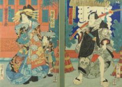 Utagawa Kunisada (Toyokuni III.) Diptychon mit Kabuki-Szene (Katsushika 1786-1865 Edo)