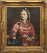 Bildnis einer vornehmen Dame beim Teetrinken 18. Jh. Öl/Lwd. 80 x 65 cm. Kandisschale, Koppchen,
