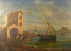 Fischerfamilie und Boot an der Küste Italien, 19. Jh. Öl/Lwd. 60 x 80 cm. - Altersschäden,