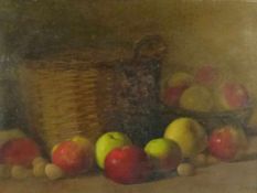Stillleben mit Äpfeln und Nüssen bei Weidekorb Um 1900 Öl/Karton. Rechts unten monogrammiert und