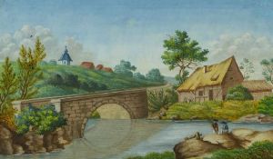 Monogrammist "A.v.C." Kleine Flusslandschaft mit Anglern Um 1800. Gouache. Rechts unten