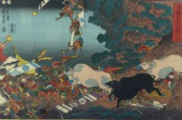 Utagawa Kuniyoshi Schlachtenszene (Edo 1798-1861 ebd.) Farbholzschnitt. Signatur "Ichiyusai