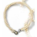 Perlen-Kropfband 20. Jh. Vierreihige silberweiße Saatperlen (Ø 3 mm) von schönem Lüster,