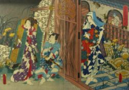 Utagawa Kunisada (Toyokuni III.) Diptychon mit Eifersuchtsszene aus einer Kabukidarstellung (