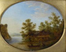 Ovales Landschaftsbild mit Kate an einem Fluss Wohl Niederlande, 19. Jh. Öl/Holz. 21,5 x 27,5 cm.