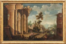 Architekturcapriccio mit Figuren bei römischen Ruinen Italien, A. 18. Jh. Öl/Lwd., randdoubl. 60 x