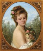 Ovales Bildnis einer jungen Frau mit Blumen Österreich, 19. Jh. Öl/Platte. 58,5 x 48 cm.