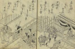 Nishikawa Sukenobu Holzschnittbuch (Kyoto 1671-1750 ebd.) Ca. 17 Doppelbuchseiten mit Szenen aus dem