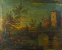 Flusslandschaft mit Burganlage und Hirtenpaar am Ufer Anonym, 20. Jh. Öl/Lwd. 50 x 64 cm. -