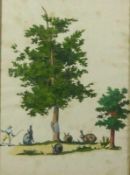 Ausschnittbild mit Hasen in baumbestandener Landschaft 18. Jh. Radierung, koloriert, an den Umrissen