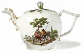 Teekanne mit bäuerlichen Szenen in der Art von Teniers Meissen, 18. Jh. Mit J-Henkel und