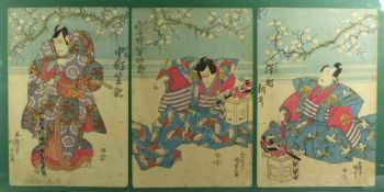 Utagawa Kunisada (Toyokuni III.) Triptychon mit Kabuki-Darstellung (Katsushika 1786-1865 Edo)