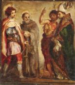 Bozzetto mit einer Komposition von vier Heiligen verschiedener Epochen 19. Jh. Öl/Karton. 19,5 x