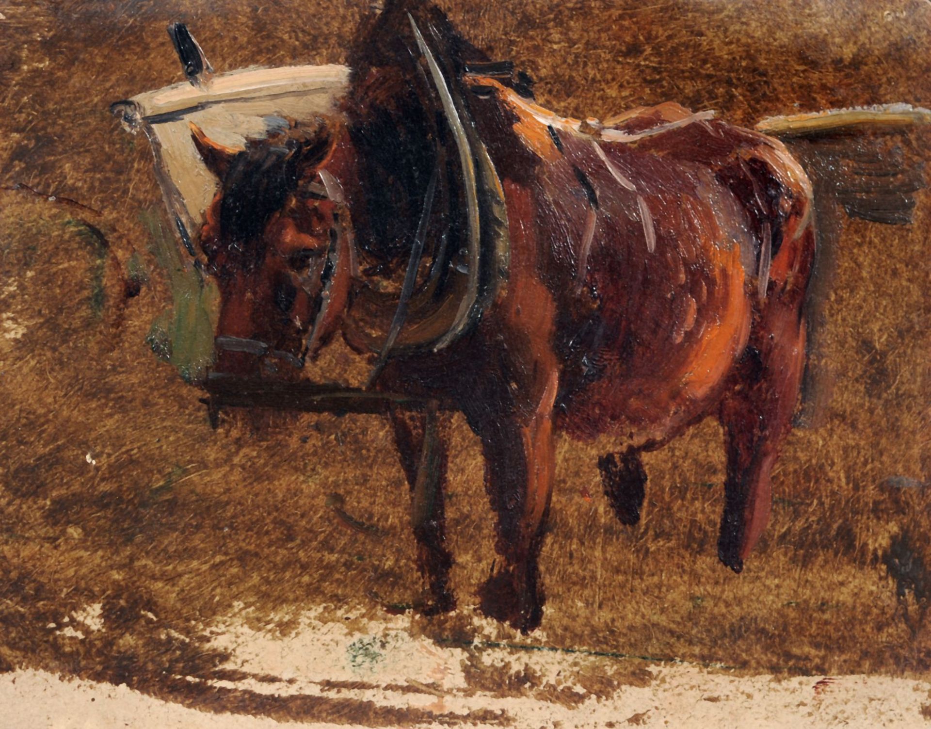 Bernhard Mühlig, Studie eines Pferdes mit Kummet und Karren. 2. H. 19. Jh. Öl auf Papier. Verso in