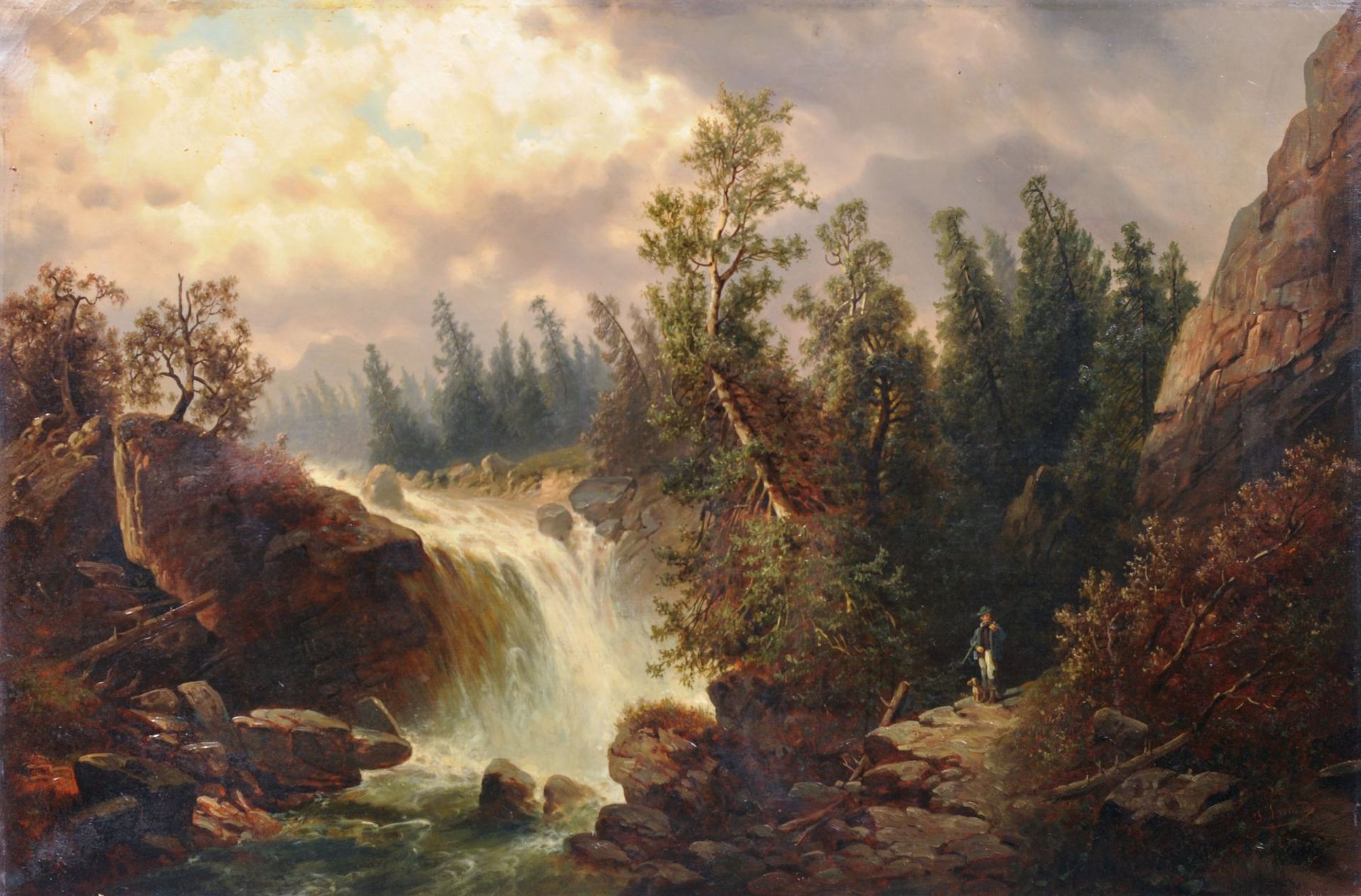 Josef Thoma, Jäger am Wasserfall im Gebirge. Mitte 19. Jh. Öl auf Leinwand. U.re. signiert "J.