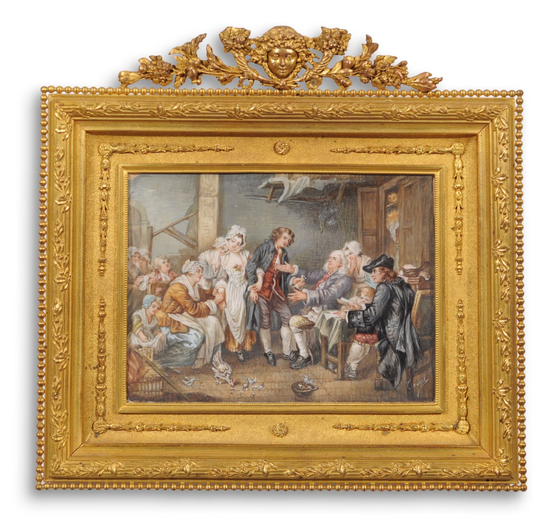 Genre-Miniatur "L'Accordée de village (Die Verlobung im Dorfe)" nach Jean-Baptiste Greuze. Spätes